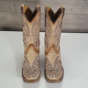 Girls Corral Tan Cut-Out Western Boots Sz 4.5